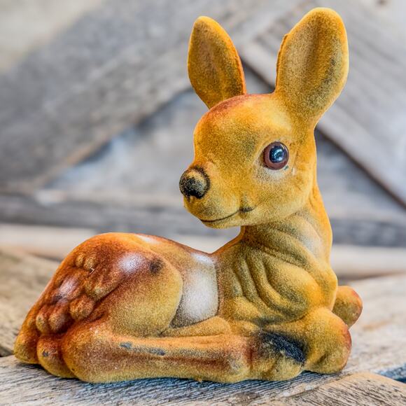 1970’s Vintage Flocked Spotted Fawn/Deer Laying Down Figurine-Christmas Decor - Picture 1 of 11